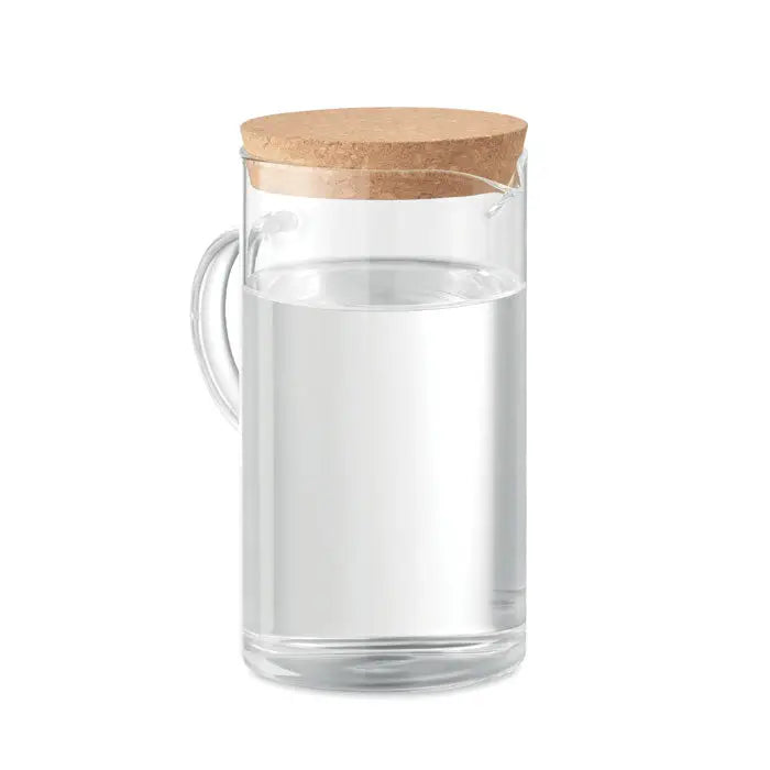 Decantor din sticla borosilicata transparenta cu capac natural de pluta si maner curbat, umplut pe jumatate cu apa