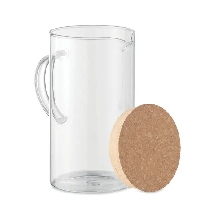 Decanter din sticla borosilicata 1l transparent cu maner curbat si capac rotund din pluta