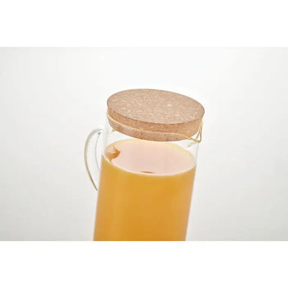 Decantor din sticla borosilicata 1l transparent cu dop si maner din plută naturală umplut cu suc de portocale