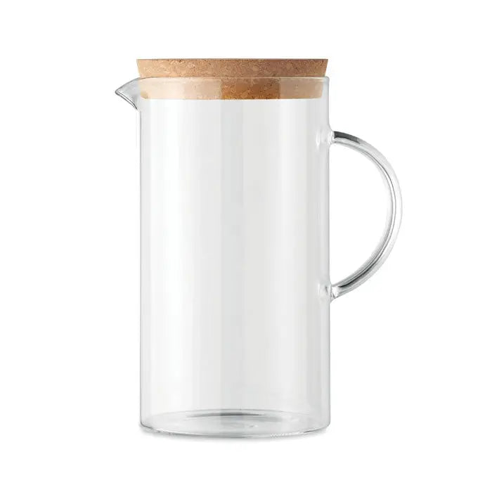 Decantor din sticla borosilicata 1l transparent cu capac din pluta naturala si maner curbat elegant