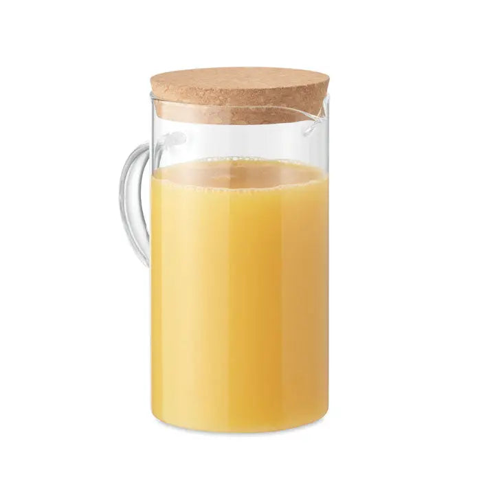 Decantor din sticla borosilicata 1l transparent cu dop si maner din pluta, umplut cu suc de portocale