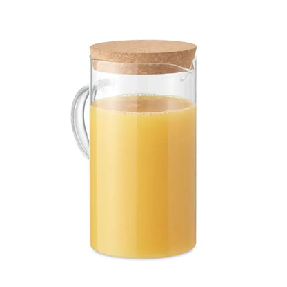 Decantor din sticla borosilicata 1l transparent cu dop si maner din pluta, umplut cu suc de portocale