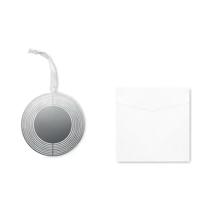 Decor cerc cu panglica argintiu circular cu inele concentrice si panglica alba pentru agatat
