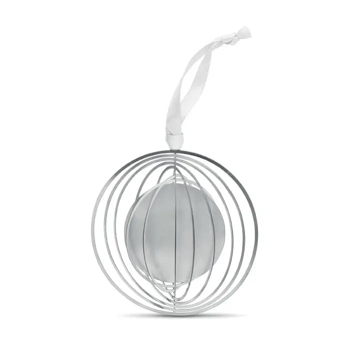 Ornament decor cerc cu panglica argintiu cu sfera filigranata si centru din sticla mata cu panglica alba