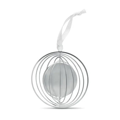 Ornament decor cerc cu panglica argintiu cu sfera filigranata si centru din sticla mata cu panglica alba