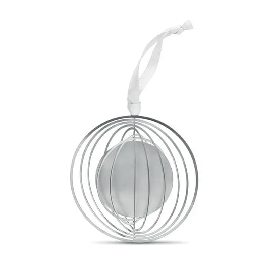 Ornament decor cerc cu panglica argintiu cu sfera filigranata si centru din sticla mata cu panglica alba