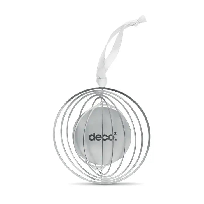 Ornament decor cerc cu panglica argintiu sferic din sarma cu glob interior translucid si logo deco.² suspendat cu panglica alba