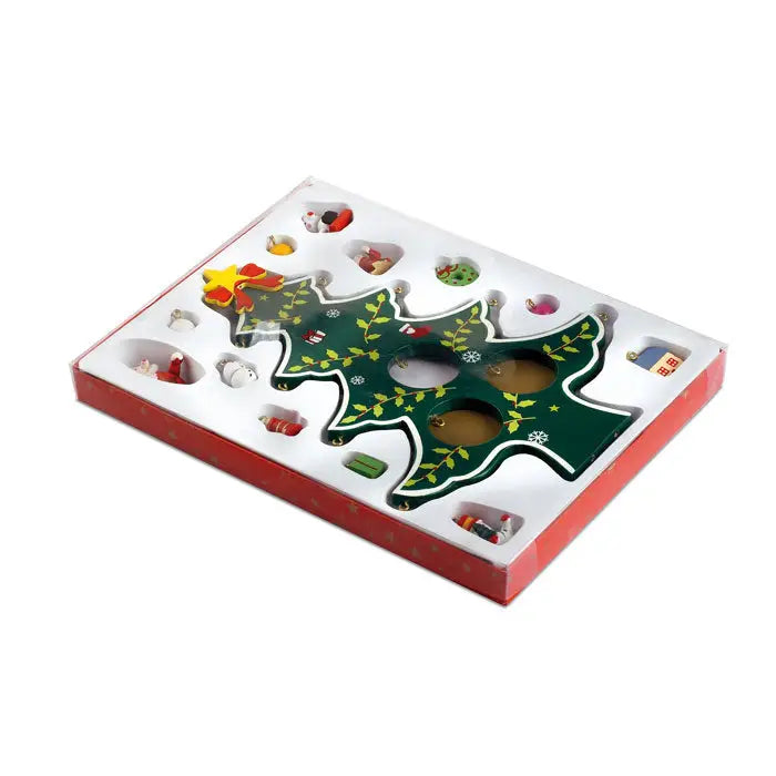 Decorat din lemn pentru brad de Craciun verde in forma de calendar advent cu ferestre decupate si miniaturi tematice