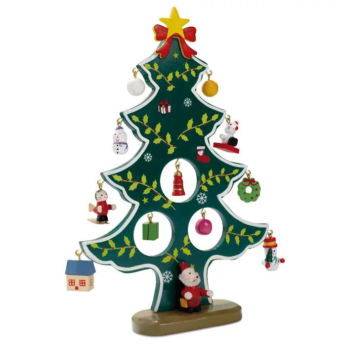 Decorat din lemn pentru brad de craciun verde cu detalii pictate si figurine de om de zapada si mos craciun