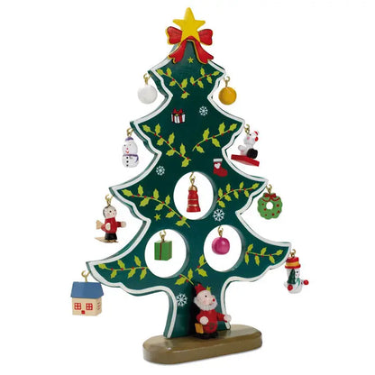 Decorat din lemn pentru brad de craciun verde cu detalii pictate si figurine de om de zapada si mos craciun