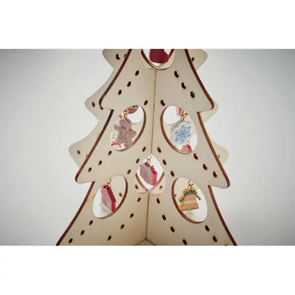 Decorat din lemn bej pentru brad de Craciun cu decupaje circulare si talismane miniaturale de sarbatori