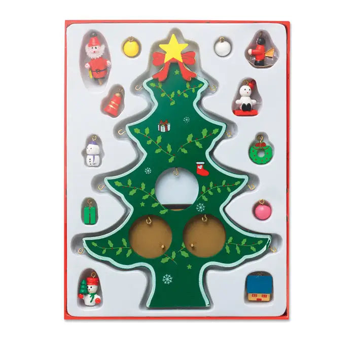 Decorat din lemn pentru brad de Craciun set de ornamente verzi cu steluta galbena si fundita rosie din lemn cu decupaje