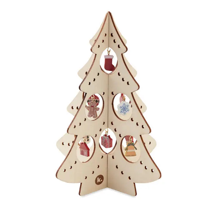 Decorat din lemn pentru brad de craciun stand de ornamente din lemn deschis cu decupaje circulare si decoratiuni miniatura