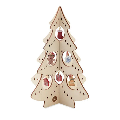 Decorat din lemn pentru brad de craciun stand de ornamente din lemn deschis cu decupaje circulare si decoratiuni miniatura