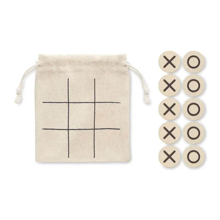 Beige sac de pânză cu șnur și linii negre în formă de grilă cu piese de joc x și o din lemn de dimensiune xs deget de lemn tic tac
