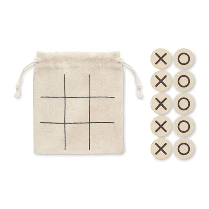 Beige sac de pânză cu șnur și linii negre în formă de grilă cu piese de joc x și o din lemn de dimensiune xs deget de lemn tic tac