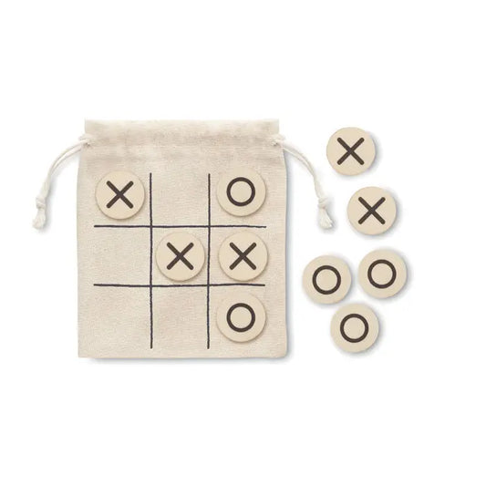 Beige sac de pânză cu șnur și piese din lemn pentru joc tic tac toe dezghet de lemn tic tac