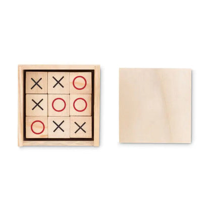 Deget de lemn tic tac set natural de lemn pentru joc tic tac toe cu piese rosii si negre pe blocuri deschise