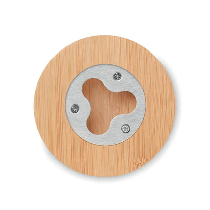 Deschidetor de sticle coaster circular din bambus cu insertie metalica argintie si decupaj os