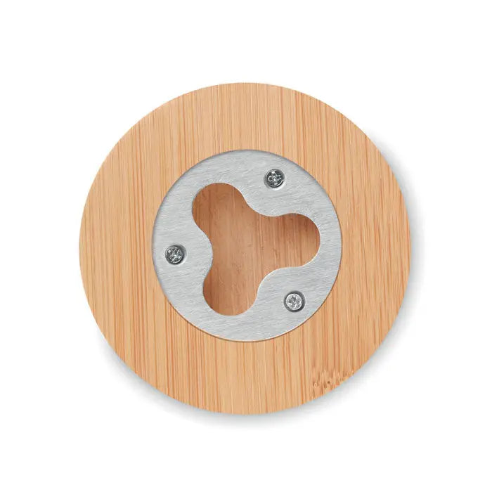 Deschidetor de sticle coaster din bambus cu inserție metalică argintie și decupaj trifoi