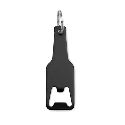 Deschidetor de sticle din aluminiu negru in forma de sticla cu inel argintiu si decupaj pentru deschis sticle