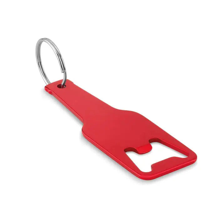 Deschidetor de sticle din aluminiu rosu cu design minimalist si inel argintiu pentru chei