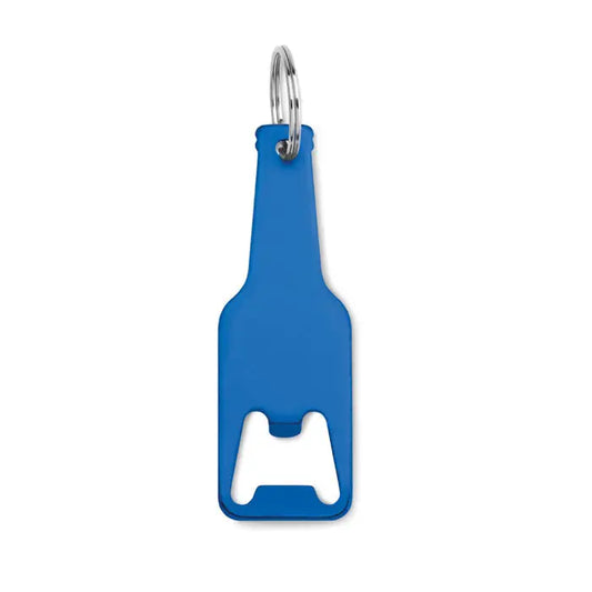 Deschidetor de sticle din aluminiu albastru in forma de sticla cu inel argintiu si decupaj alb pentru deschis sticle