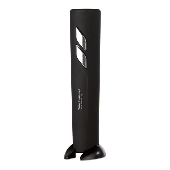 Deschidetor de sticle electric negru cu design modern si panouri argintii pentru desfacut vin gourmet