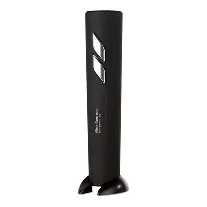 Deschidetor de sticle electric negru cu design modern si panouri argintii pentru desfacut vin gourmet