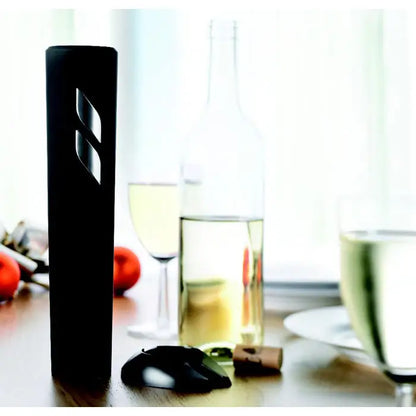 Deschidetor de sticle electric negru cu design modern si accente argintii pentru deschiderea rapida a sticlelor