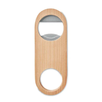 Deschidetor de sticle oval bamboo din bambus maro deschis cu capac metalic argintiu si doua decupaje circulare