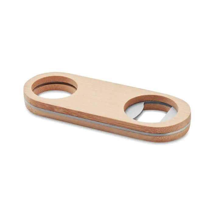 Deschidetor de sticle oval bamboo din bambus maro deschis cu design minimalist si lama metalica argintie