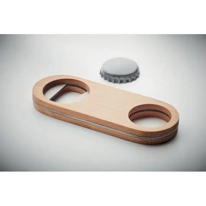 Deschidetor de sticle oval bamboo din bambus cu design minimalist si doua decupaje circulare, culoare maro deschis