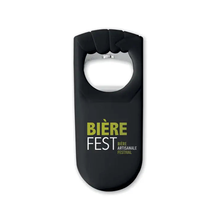 Deschidetor de sticle din silicon negru cu design pumn si text auriu si alb pentru festivalul bière artisanale