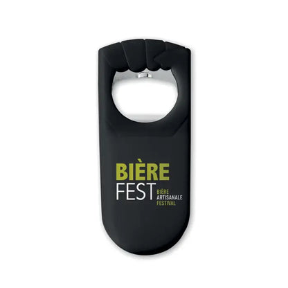 Deschidetor de sticle din silicon negru cu design pumn si text auriu si alb pentru festivalul bière artisanale