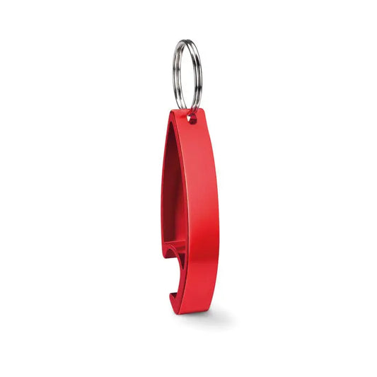 Deschizator de sticle cu breloc rosu metalic cu design modern si slefuit pentru deschiderea rapida a sticlelor