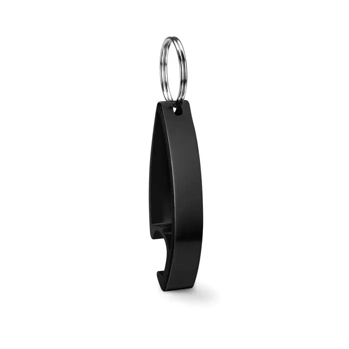 Deschizator de sticle cu breloc negru din metal cu design minimalist si inel argintiu pentru chei