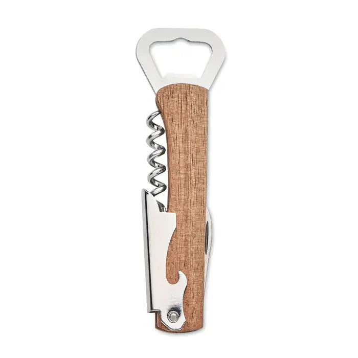 Deschizator de sticle 3 in 1 din bambus cu maner natural si componente din otel inoxidabil elegant bicolor