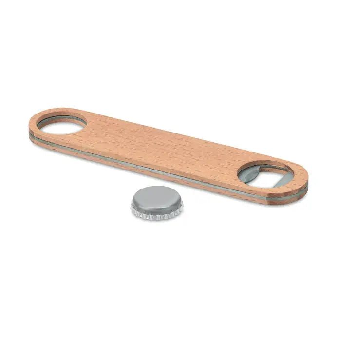 Deschizator de sticle din lemn maro deschis cu design minimalist si accente metalice argintii elegante