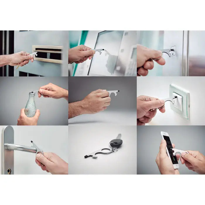 Deschizator de usi fara contact multifunctional argintiu din metal cu deschizator sticle, decodor cablu si curatator ecran telefon