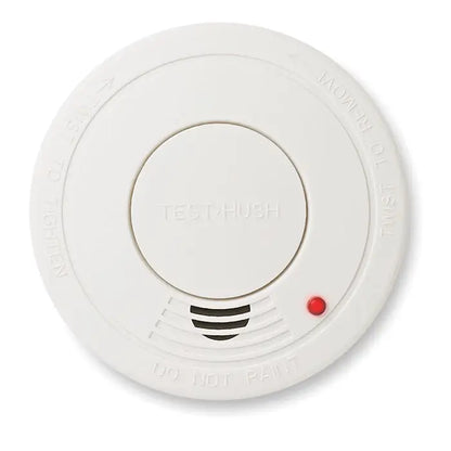 Detector de fum alb rotund cu buton rosu de test si fante negre de ventilatie