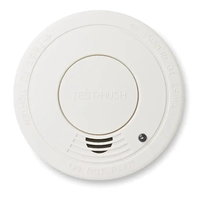 Detector de fum alb circular cu buton central test/hush si fante de ventilatie negre