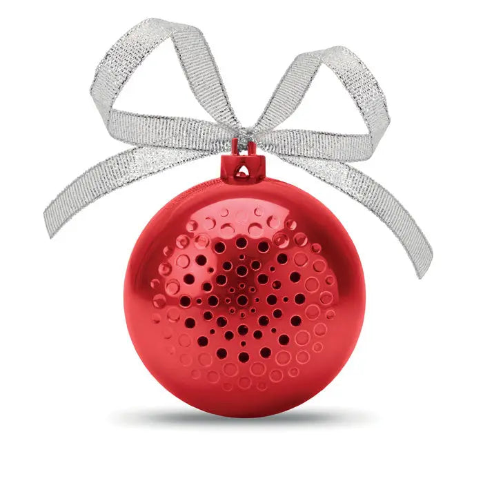 Difuzor bal de Craciun rosu sferic cu bluetooth finisaj lucios si perforatii circulare decorat cu fundita argintie