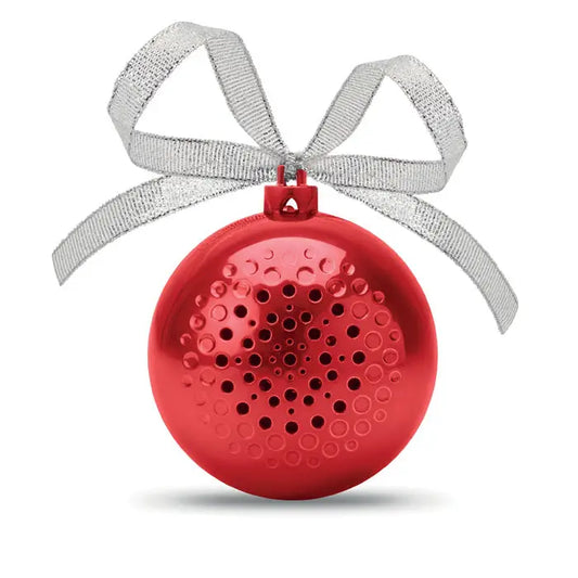 Difuzor bal de Craciun rosu sferic cu bluetooth finisaj lucios si perforatii circulare decorat cu fundita argintie