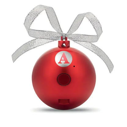 Difuzor bal de craciun decorativ rosu sferic cu fundita argintie si logo alb cu litera a rosie si buton pe suprafata