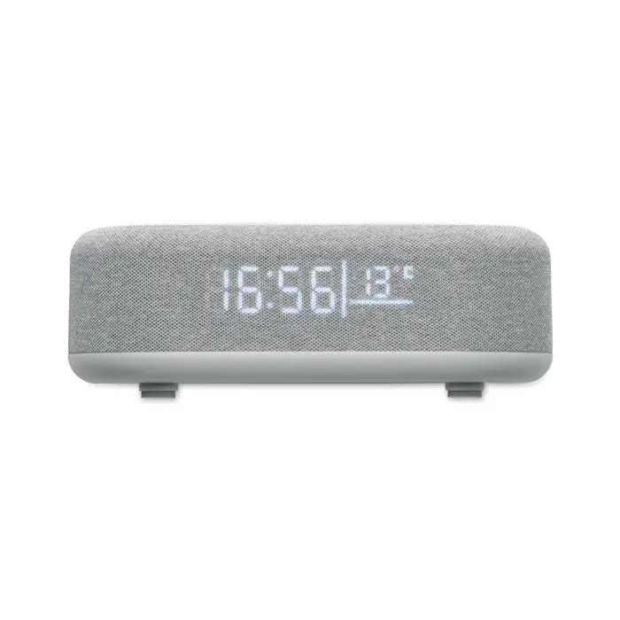 Difuzor de incarcare fara fir de 15 w gri acoperit cu tesatura si afisaj digital cu ora si temperatura
