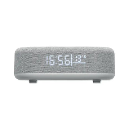 Difuzor de incarcare fara fir de 15 w gri acoperit cu tesatura si afisaj digital cu ora si temperatura