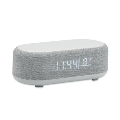 Difuzor de incarcare fara fir de 15 w cu suprafata alba si display digital pe carcasa gri din material textil