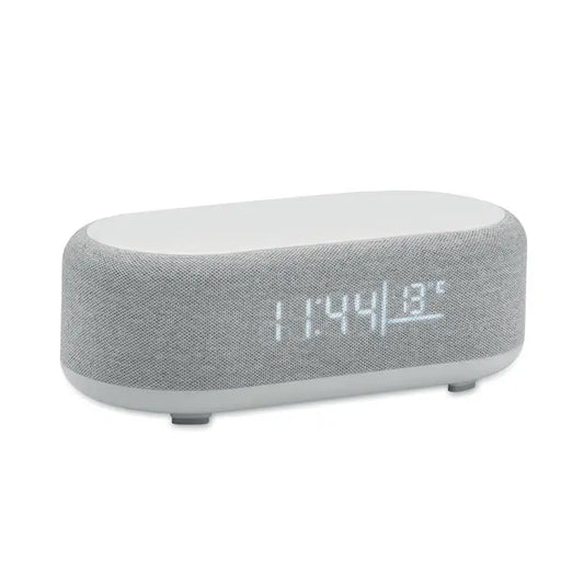 Difuzor de incarcare fara fir de 15 w cu suprafata alba si display digital pe carcasa gri din material textil
