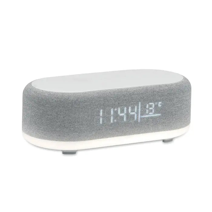 Difuzor de incarcare fara fir de 15 w cu carcasa texturata gri si panou alb afiseaza ora si temperatura digitală